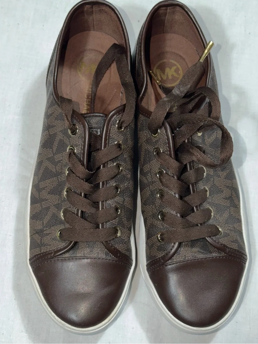 Michael Kors City MK Monogram Sneakers Women 9.5M Brown Leather Lace Up